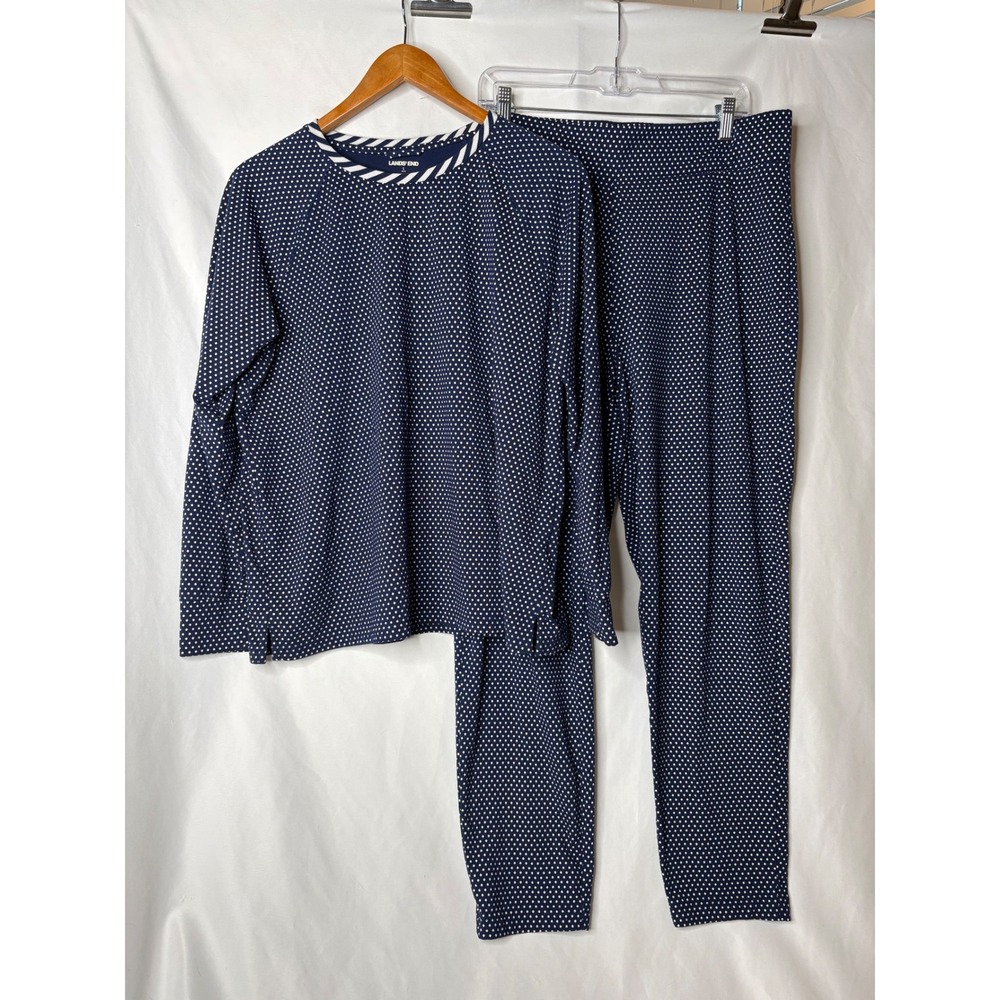 Lands End Womens Navy Polka Dot Pajama Set Long Sleeve Top and Pants Large 14-16